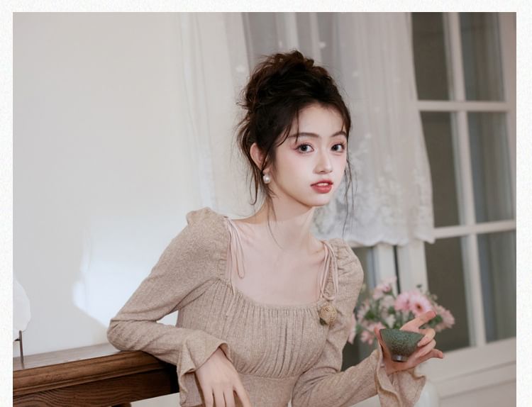 Long Sleeve Square Neck Plain Gathered Midi A-Line Dress / Plain Midi Open Front Cardigan