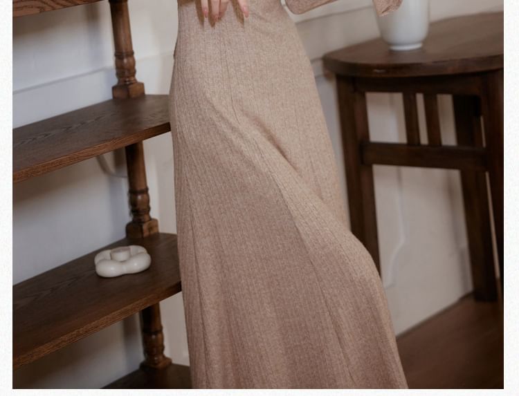 Long Sleeve Square Neck Plain Gathered Midi A-Line Dress / Plain Midi Open Front Cardigan