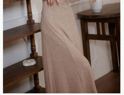 Long Sleeve Square Neck Plain Gathered Midi A-Line Dress / Plain Midi Open Front Cardigan