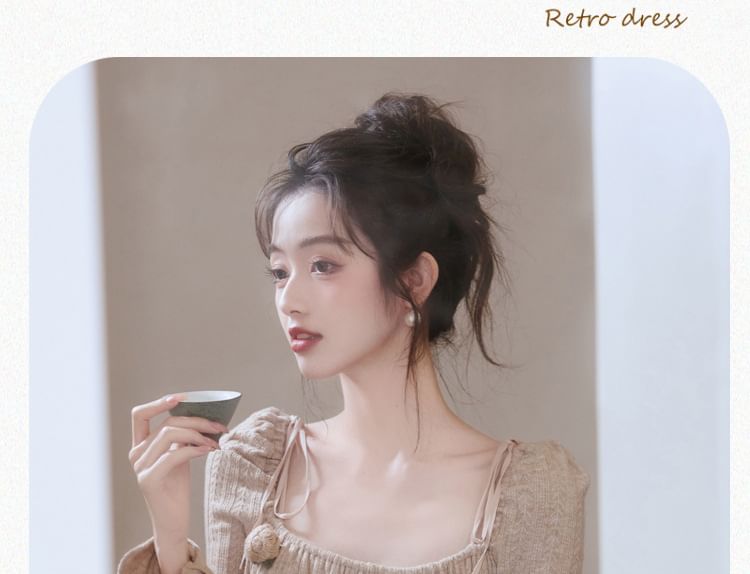 Long Sleeve Square Neck Plain Gathered Midi A-Line Dress / Plain Midi Open Front Cardigan