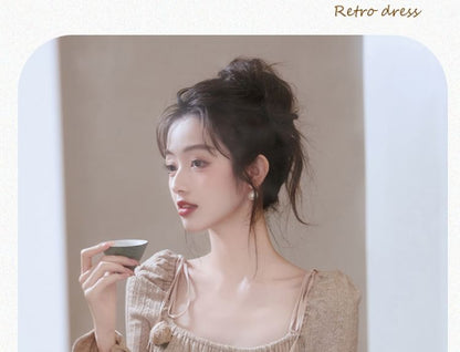 Long Sleeve Square Neck Plain Gathered Midi A-Line Dress / Plain Midi Open Front Cardigan