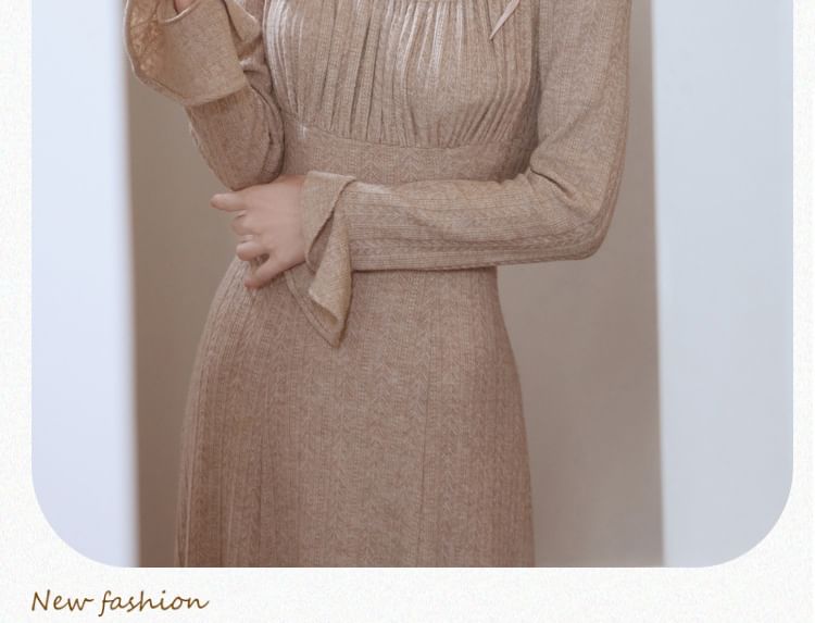 Long Sleeve Square Neck Plain Gathered Midi A-Line Dress / Plain Midi Open Front Cardigan