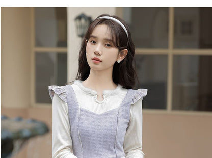 Long Sleeve Notch Neck Plain Fluffy Trim Top / Sweetheart Neck Plaid Ruffle Panel Midi A-Line Pinafore Dress / Set