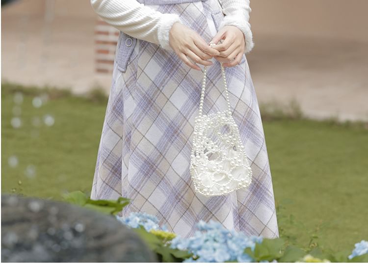 Long Sleeve Notch Neck Plain Fluffy Trim Top / Sweetheart Neck Plaid Ruffle Panel Midi A-Line Pinafore Dress / Set