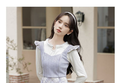 Long Sleeve Notch Neck Plain Fluffy Trim Top / Sweetheart Neck Plaid Ruffle Panel Midi A-Line Pinafore Dress / Set