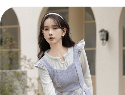 Long Sleeve Notch Neck Plain Fluffy Trim Top / Sweetheart Neck Plaid Ruffle Panel Midi A-Line Pinafore Dress / Set