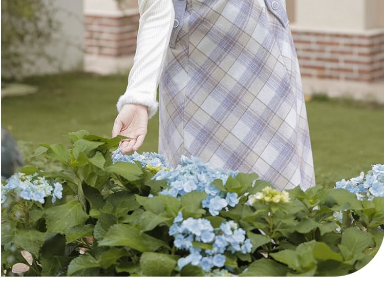 Long Sleeve Notch Neck Plain Fluffy Trim Top / Sweetheart Neck Plaid Ruffle Panel Midi A-Line Pinafore Dress / Set