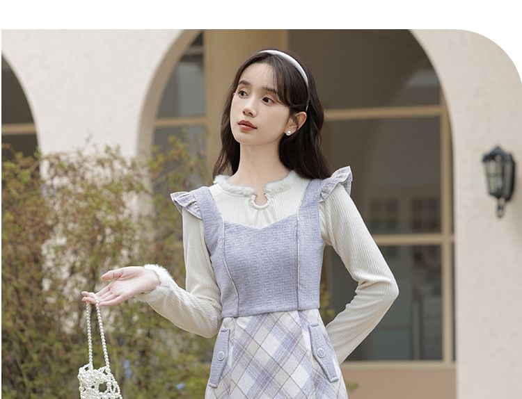 Long Sleeve Notch Neck Plain Fluffy Trim Top / Sweetheart Neck Plaid Ruffle Panel Midi A-Line Pinafore Dress / Set