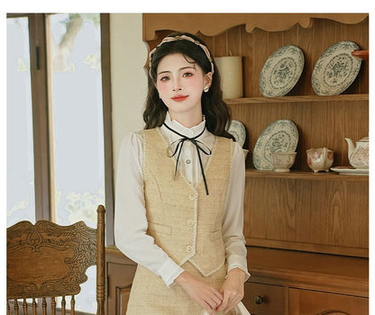 Long Sleeve Stand Collar Floral Embroidered Bow Frill Blouse / V-Neck Tweed Button Vest / High Rise Midi A-Line Skirt / Set