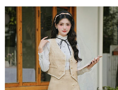 Long Sleeve Stand Collar Floral Embroidered Bow Frill Blouse / V-Neck Tweed Button Vest / High Rise Midi A-Line Skirt / Set