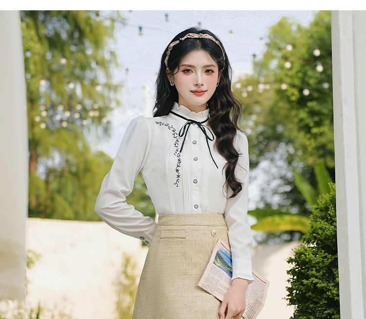 Long Sleeve Stand Collar Floral Embroidered Bow Frill Blouse / V-Neck Tweed Button Vest / High Rise Midi A-Line Skirt / Set