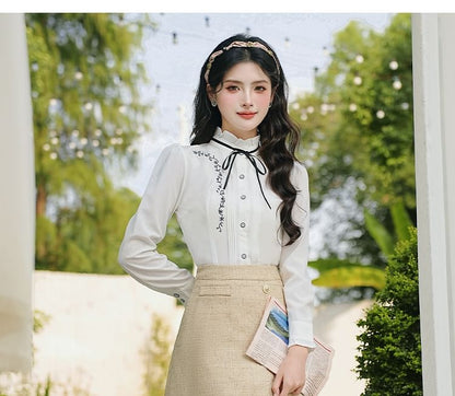 Long Sleeve Stand Collar Floral Embroidered Bow Frill Blouse / V-Neck Tweed Button Vest / High Rise Midi A-Line Skirt / Set