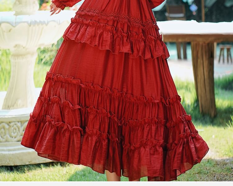 Long Sleeve V-Neck Ruffle Tiered Maxi A-Line Dress / Patterned Fringe Hooded Cape / Set