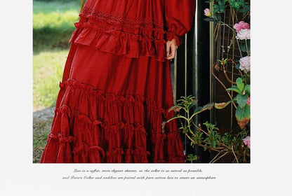 Long Sleeve V-Neck Ruffle Tiered Maxi A-Line Dress / Patterned Fringe Hooded Cape / Set