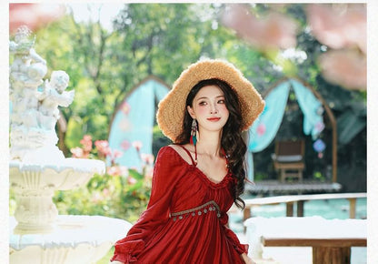 Long Sleeve V-Neck Ruffle Tiered Maxi A-Line Dress / Patterned Fringe Hooded Cape / Set