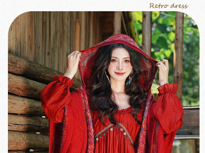 Long Sleeve V-Neck Ruffle Tiered Maxi A-Line Dress / Patterned Fringe Hooded Cape / Set