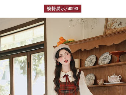 Long Sleeve Collared Pintuck Lace Applique Blouse / Bow Tie / Square Neck Plaid Maxi A-Line Overall Dress / Set