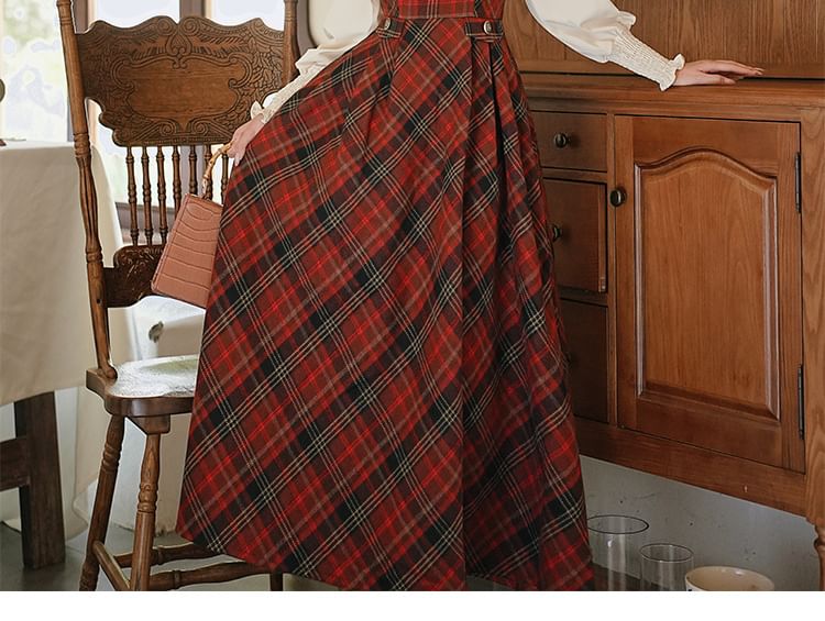 Long Sleeve Collared Pintuck Lace Applique Blouse / Bow Tie / Square Neck Plaid Maxi A-Line Overall Dress / Set