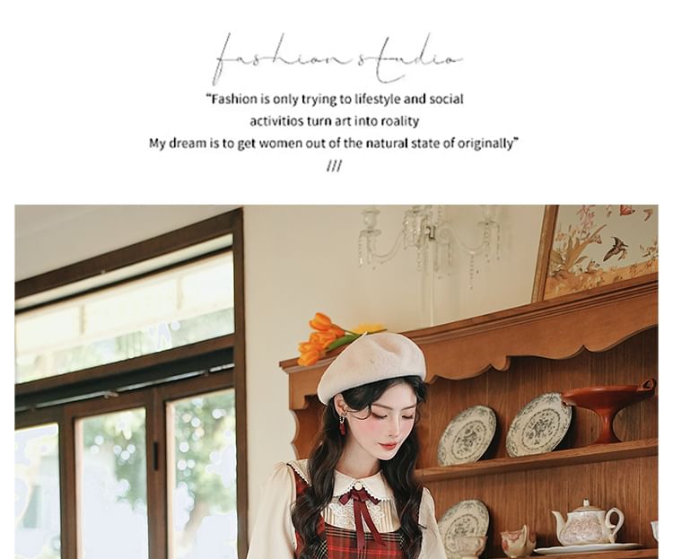 Long Sleeve Collared Pintuck Lace Applique Blouse / Bow Tie / Square Neck Plaid Maxi A-Line Overall Dress / Set