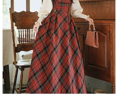 Long Sleeve Collared Pintuck Lace Applique Blouse / Bow Tie / Square Neck Plaid Maxi A-Line Overall Dress / Set