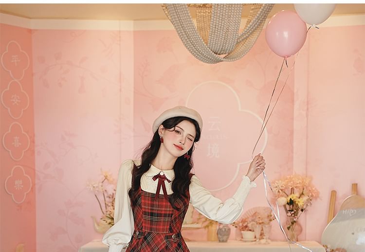 Long Sleeve Collared Pintuck Lace Applique Blouse / Bow Tie / Square Neck Plaid Maxi A-Line Overall Dress / Set