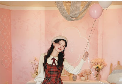 Long Sleeve Collared Pintuck Lace Applique Blouse / Bow Tie / Square Neck Plaid Maxi A-Line Overall Dress / Set