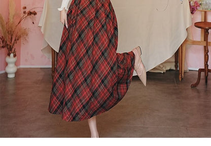 Long Sleeve Collared Pintuck Lace Applique Blouse / Bow Tie / Square Neck Plaid Maxi A-Line Overall Dress / Set
