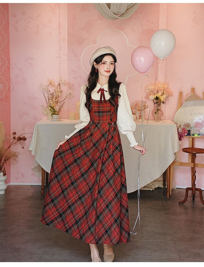 Long Sleeve Collared Pintuck Lace Applique Blouse / Bow Tie / Square Neck Plaid Maxi A-Line Overall Dress / Set