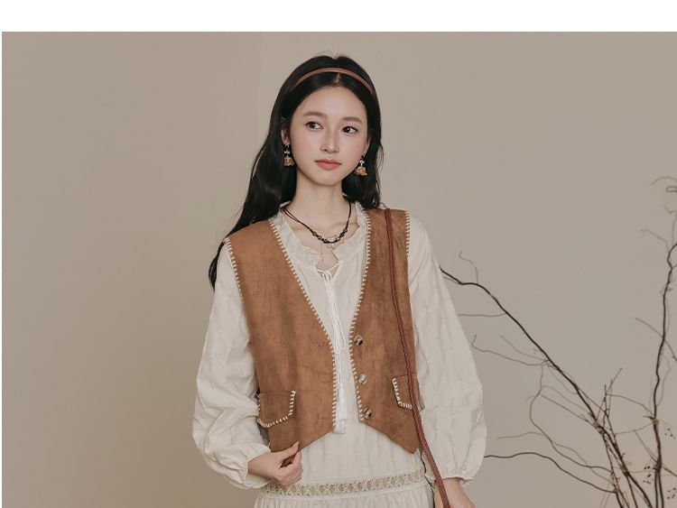 Long Sleeve Tie Neck Fringe Tiered Maxi A-Line Dress / V-Neck Contrast Stitch Faux Suede Button Vest / Set