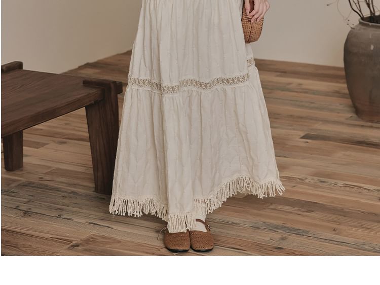 Long Sleeve Tie Neck Fringe Tiered Maxi A-Line Dress / V-Neck Contrast Stitch Faux Suede Button Vest / Set