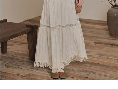 Long Sleeve Tie Neck Fringe Tiered Maxi A-Line Dress / V-Neck Contrast Stitch Faux Suede Button Vest / Set