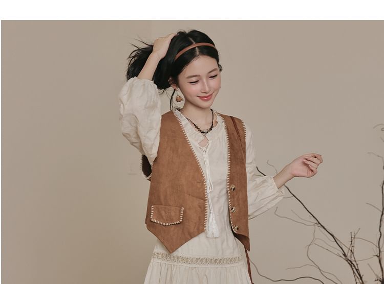 Long Sleeve Tie Neck Fringe Tiered Maxi A-Line Dress / V-Neck Contrast Stitch Faux Suede Button Vest / Set