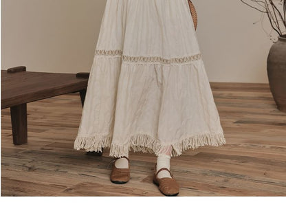 Long Sleeve Tie Neck Fringe Tiered Maxi A-Line Dress / V-Neck Contrast Stitch Faux Suede Button Vest / Set