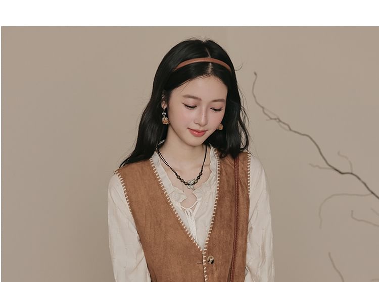 Long Sleeve Tie Neck Fringe Tiered Maxi A-Line Dress / V-Neck Contrast Stitch Faux Suede Button Vest / Set