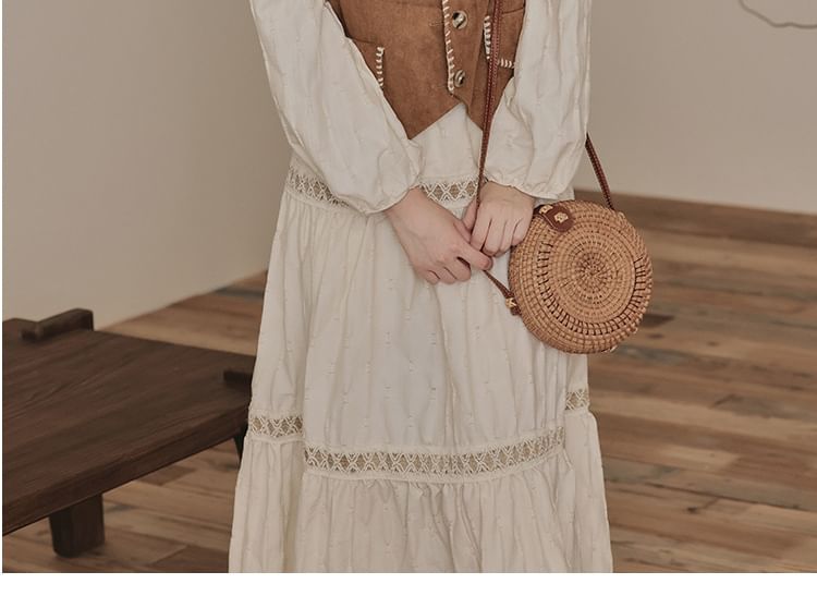 Long Sleeve Tie Neck Fringe Tiered Maxi A-Line Dress / V-Neck Contrast Stitch Faux Suede Button Vest / Set