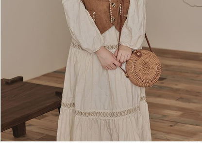 Long Sleeve Tie Neck Fringe Tiered Maxi A-Line Dress / V-Neck Contrast Stitch Faux Suede Button Vest / Set