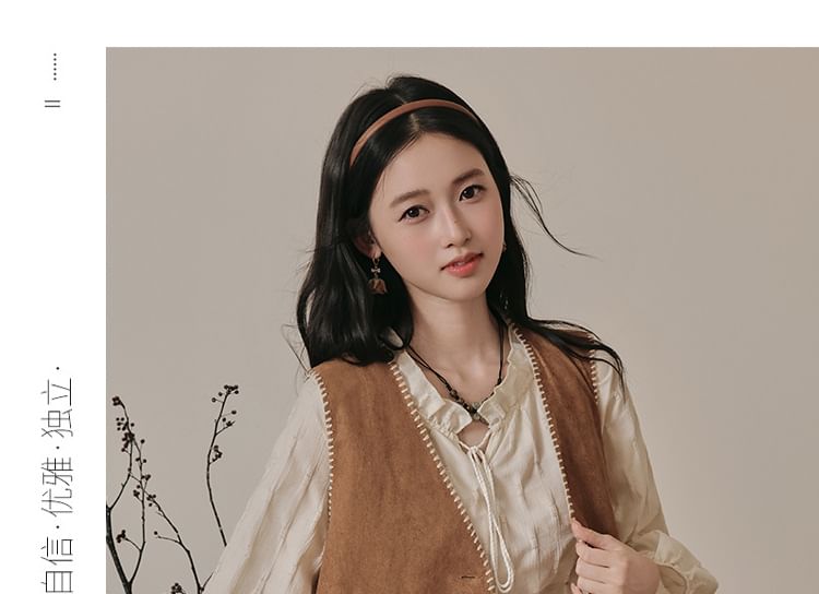 Long Sleeve Tie Neck Fringe Tiered Maxi A-Line Dress / V-Neck Contrast Stitch Faux Suede Button Vest / Set