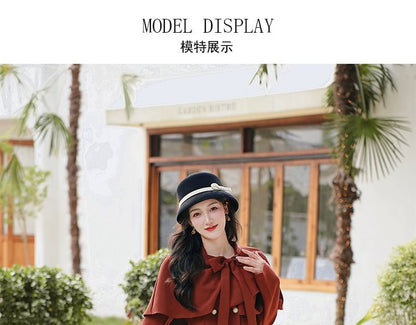 Set: Long Sleeve Collared Frill Double Breasted Midi A-Line Dress / Bow Capelet