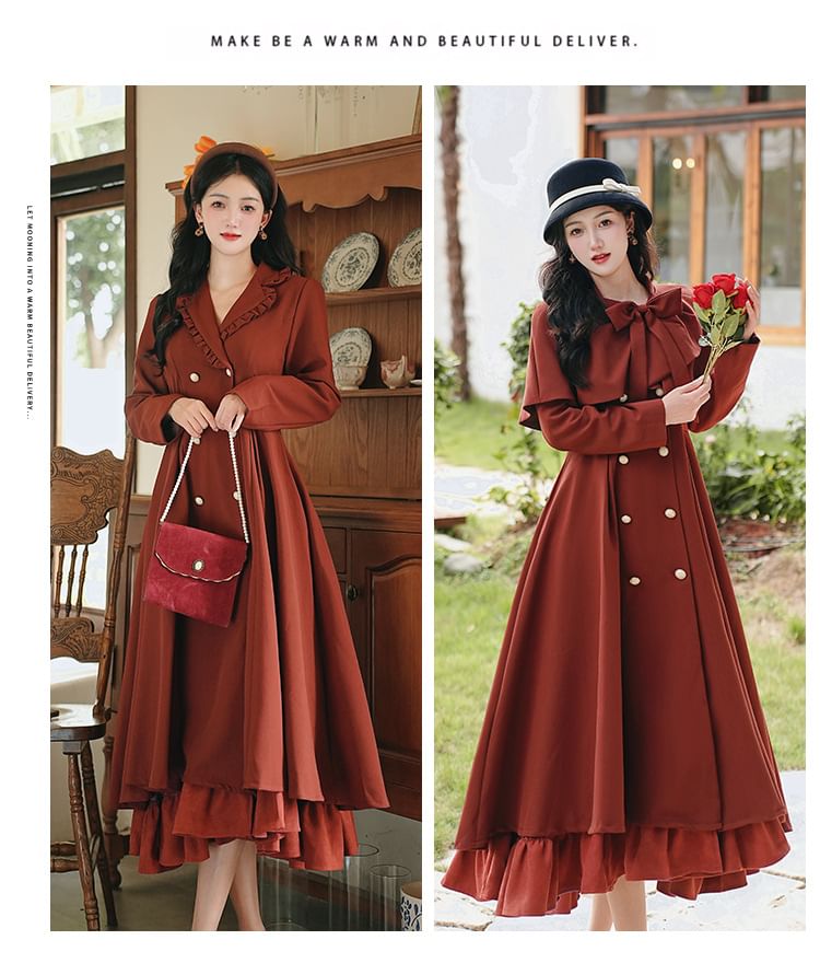 Set: Long Sleeve Collared Frill Double Breasted Midi A-Line Dress / Bow Capelet