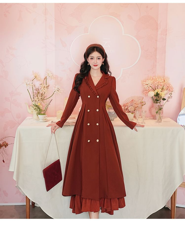 Set: Long Sleeve Collared Frill Double Breasted Midi A-Line Dress / Bow Capelet