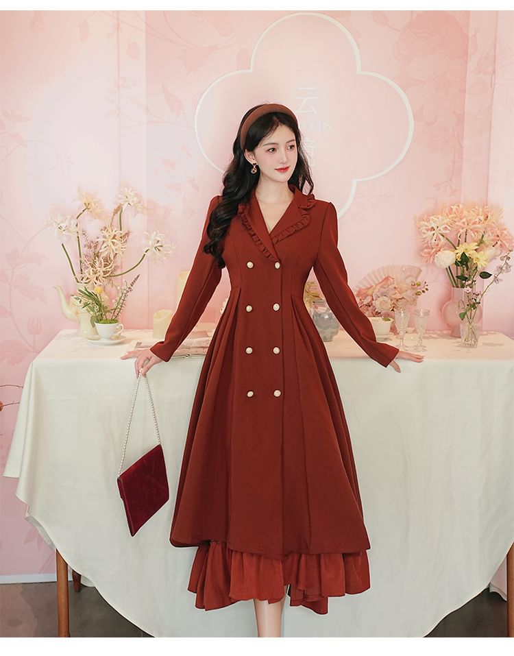 Set: Long Sleeve Collared Frill Double Breasted Midi A-Line Dress / Bow Capelet