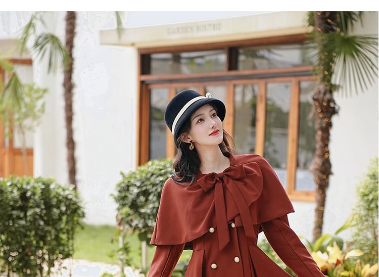 Set: Long Sleeve Collared Frill Double Breasted Midi A-Line Dress / Bow Capelet