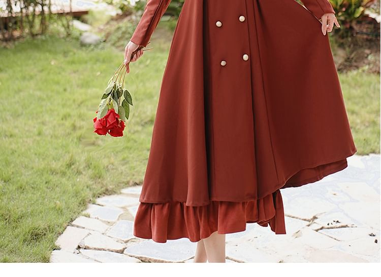 Set: Long Sleeve Collared Frill Double Breasted Midi A-Line Dress / Bow Capelet