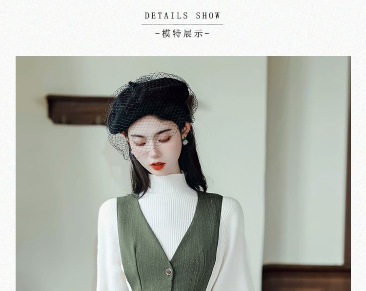 Set: Mock Neck Plain Ribbed Sweater + V-Neck Plain Button Midi A-Line Pinafore Dress + Belt