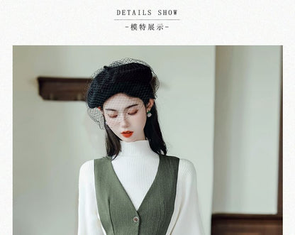 Set: Mock Neck Plain Ribbed Sweater + V-Neck Plain Button Midi A-Line Pinafore Dress + Belt