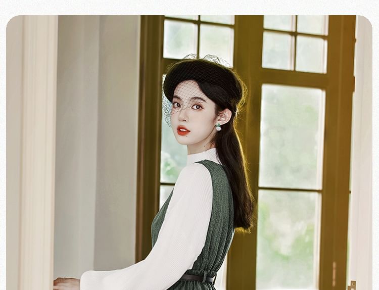 Set: Mock Neck Plain Ribbed Sweater + V-Neck Plain Button Midi A-Line Pinafore Dress + Belt