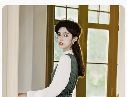 Set: Mock Neck Plain Ribbed Sweater + V-Neck Plain Button Midi A-Line Pinafore Dress + Belt