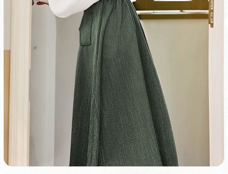 Set: Mock Neck Plain Ribbed Sweater + V-Neck Plain Button Midi A-Line Pinafore Dress + Belt