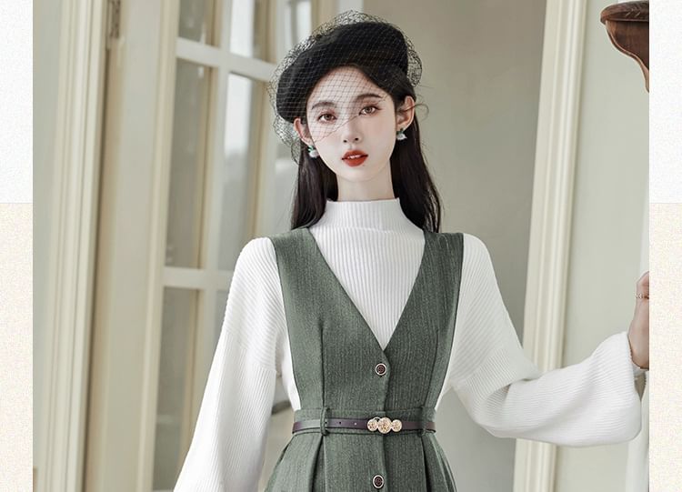 Set: Mock Neck Plain Ribbed Sweater + V-Neck Plain Button Midi A-Line Pinafore Dress + Belt