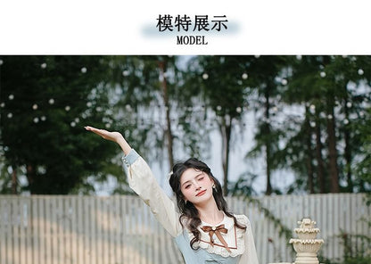 Long Sleeve Collared Bow Striped Ruffle Pleated Mock Two Piece Maxi A-Line Dress / Bow Tie / Belt / Set